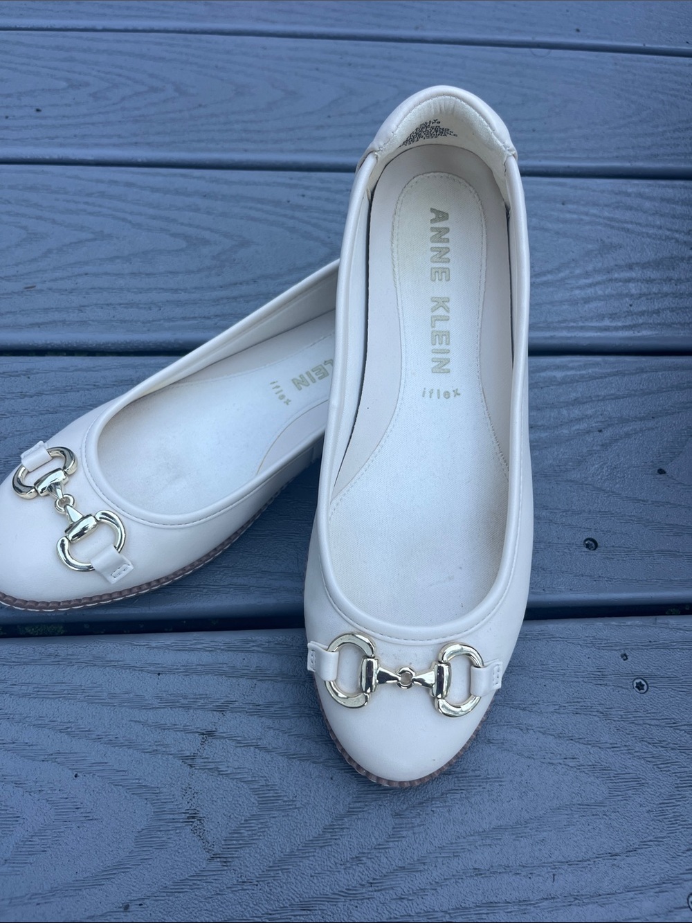 Anne Klein Cream Leather Ballet Flats with Gold Bit Detail